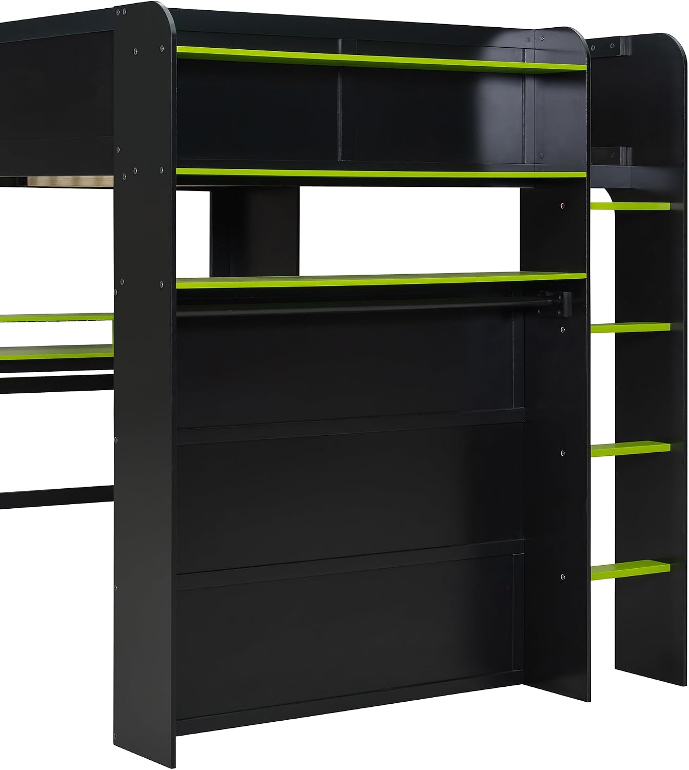 Full Size Wood Bunk Bed with Height-Adjustable Desk and Wardrobe,USB Port and RGB Light,for Kids Teens Adults Bedroom Use (Green#Wardrobe, Full)