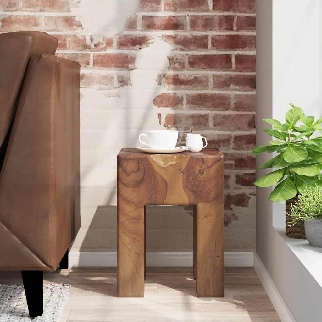 Solid Teak Wood Stool, Square Rustic End Table for Living Room Bedroom, Sturdy Compact Footrest Seat, 15.7 inch Height, Brown