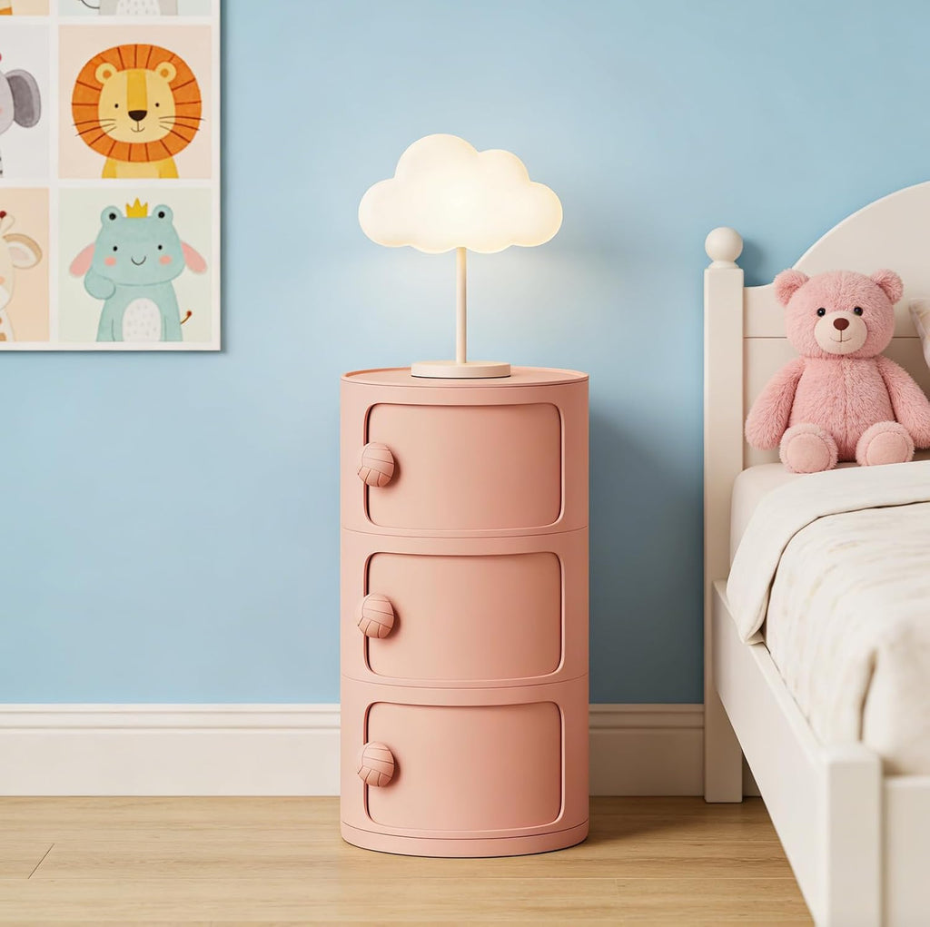3 Tier Round Nightstand with Drawers, Plastic Pink Nightstand Modern Round Bedside Table with Handles and Sliding Door for Bedroom, Living Room