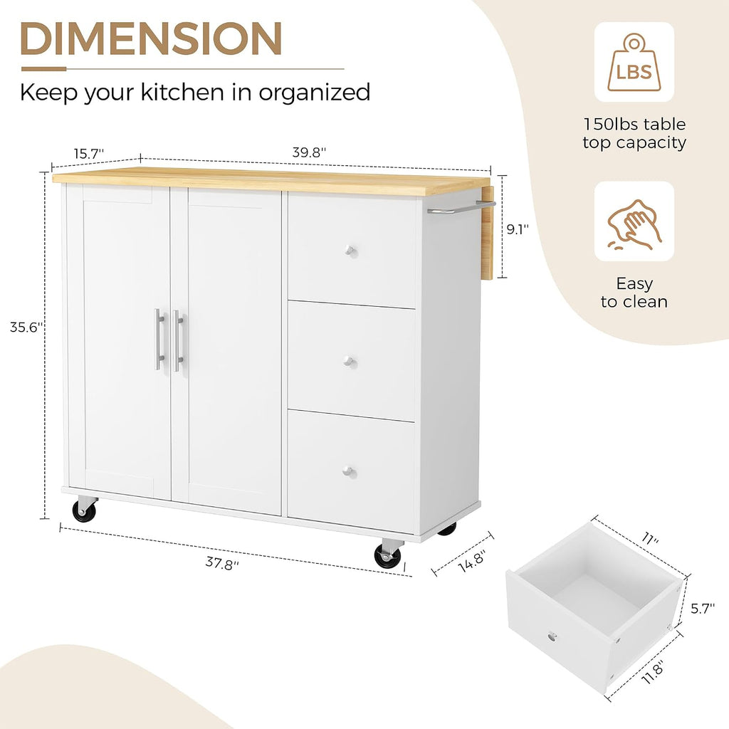 Mobile Kitchen Island on Wheels, Rolling Storage Cart with Drawers, White | 40" Rolling Kitchen Cart , Portable Utility Cart with Locking Casters, for Small Kitchens & Dining Rooms