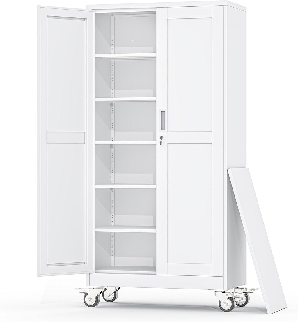 Metal Garage Storage Cabinets and storage system, 74”Tall Rolling utility cabinet with Wheels, Lock, 5 Adjustable Shelves, Heavy Duty Steel Tool Locker for Home Office, Utility Room, Gym,White