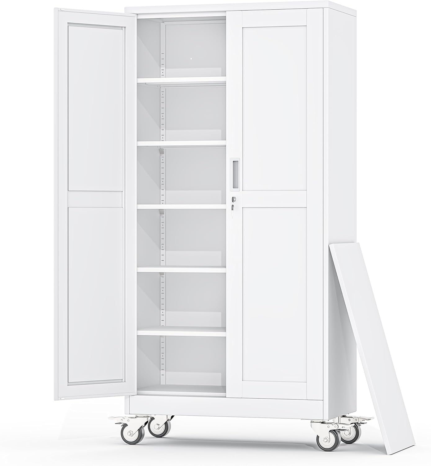 Metal Garage Storage Cabinets and storage system, 74”Tall Rolling utility cabinet with Wheels, Lock, 5 Adjustable Shelves, Heavy Duty Steel Tool Locker for Home Office, Utility Room, Gym,White
