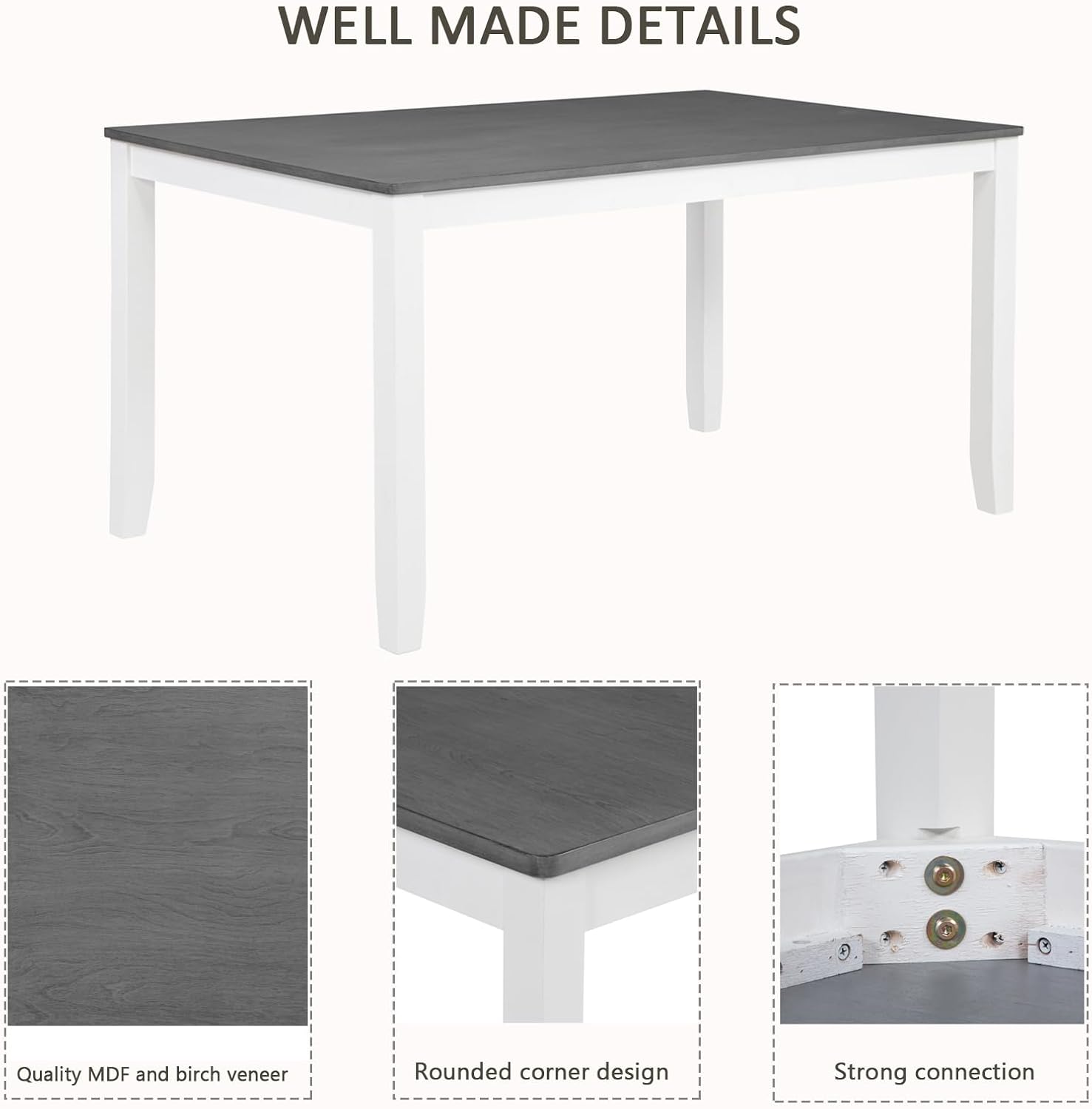 Bellemave 6-Piece Dining Table Set for 6 Rectangular Kitchen Table Set with 4 Dining Chairs and Bench, 6 Person Dining Room Set for Kitchen, Dining Room (White+Gray)