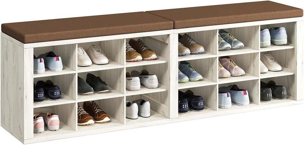 AMONIDA Shoe Storage Bench with Cushion, Entryway Bench with Shoe Storage,18 Cubby Shoe Bench with Removable Dividers, Shoe Organizer Bench for Entryway, Living Room, Light Grey (18, Light Wood)