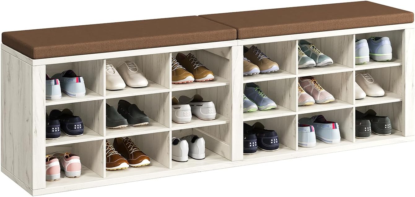 AMONIDA Shoe Storage Bench with Cushion, Entryway Bench with Shoe Storage,18 Cubby Shoe Bench with Removable Dividers, Shoe Organizer Bench for Entryway, Living Room, Light Grey (18, Light Wood)