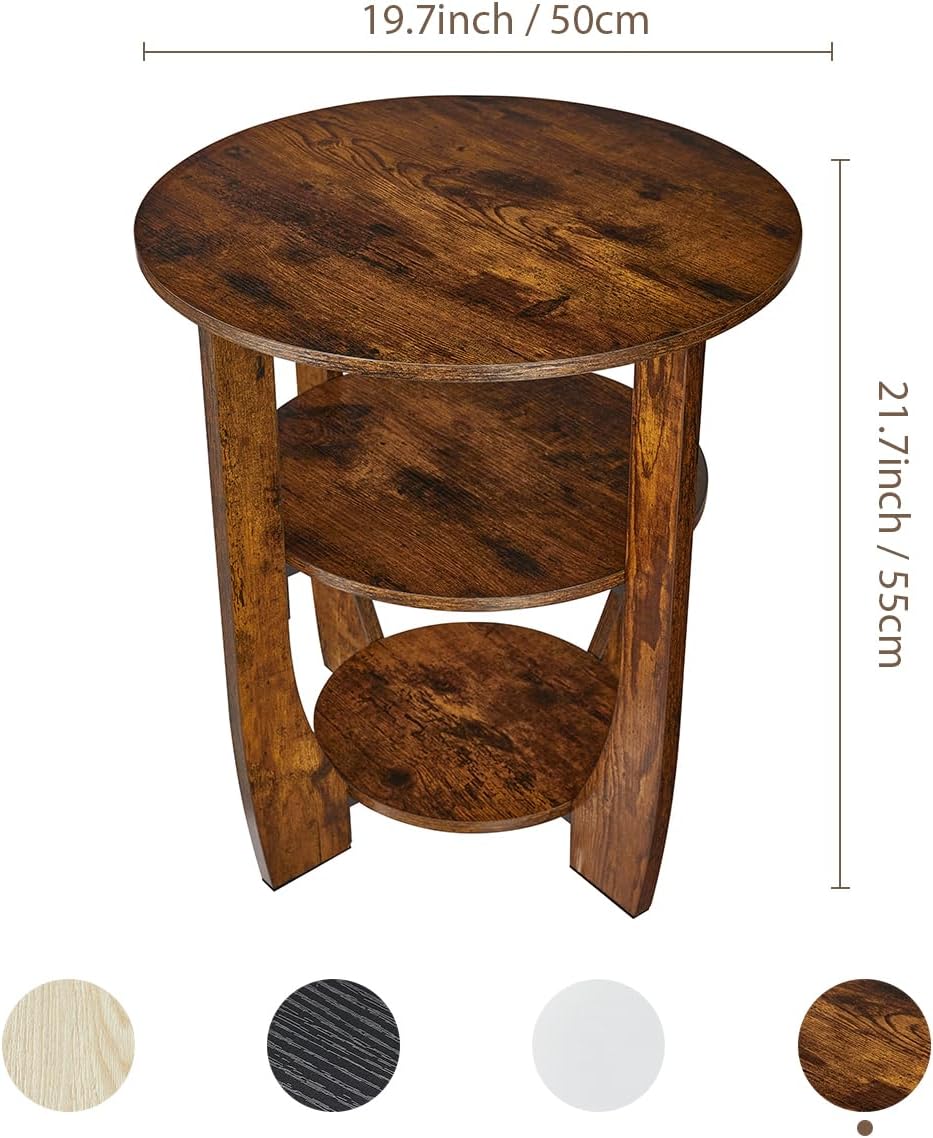Round Side Table, 3-Tier End Table with Storage, 19.7 inch Rustic Brown Accent Table,Nightstand for Bedroom Living Room, Vintage Design for Couch, Sofa, Recliner, Small Space