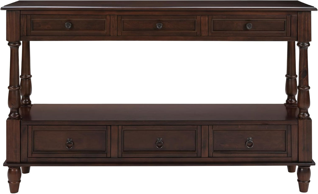 Knocbel Console Table with 6 Storage Drawers and Bottom Shelf, Vintage Sofa Table with Solid Wood Frame and Legs for Entryway Living Room, 54" W x 13.5" D x 32" H, Espresso