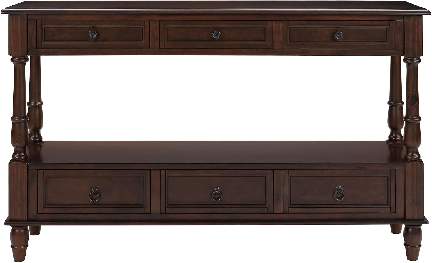 Knocbel Console Table with 6 Storage Drawers and Bottom Shelf, Vintage Sofa Table with Solid Wood Frame and Legs for Entryway Living Room, 54" W x 13.5" D x 32" H, Espresso