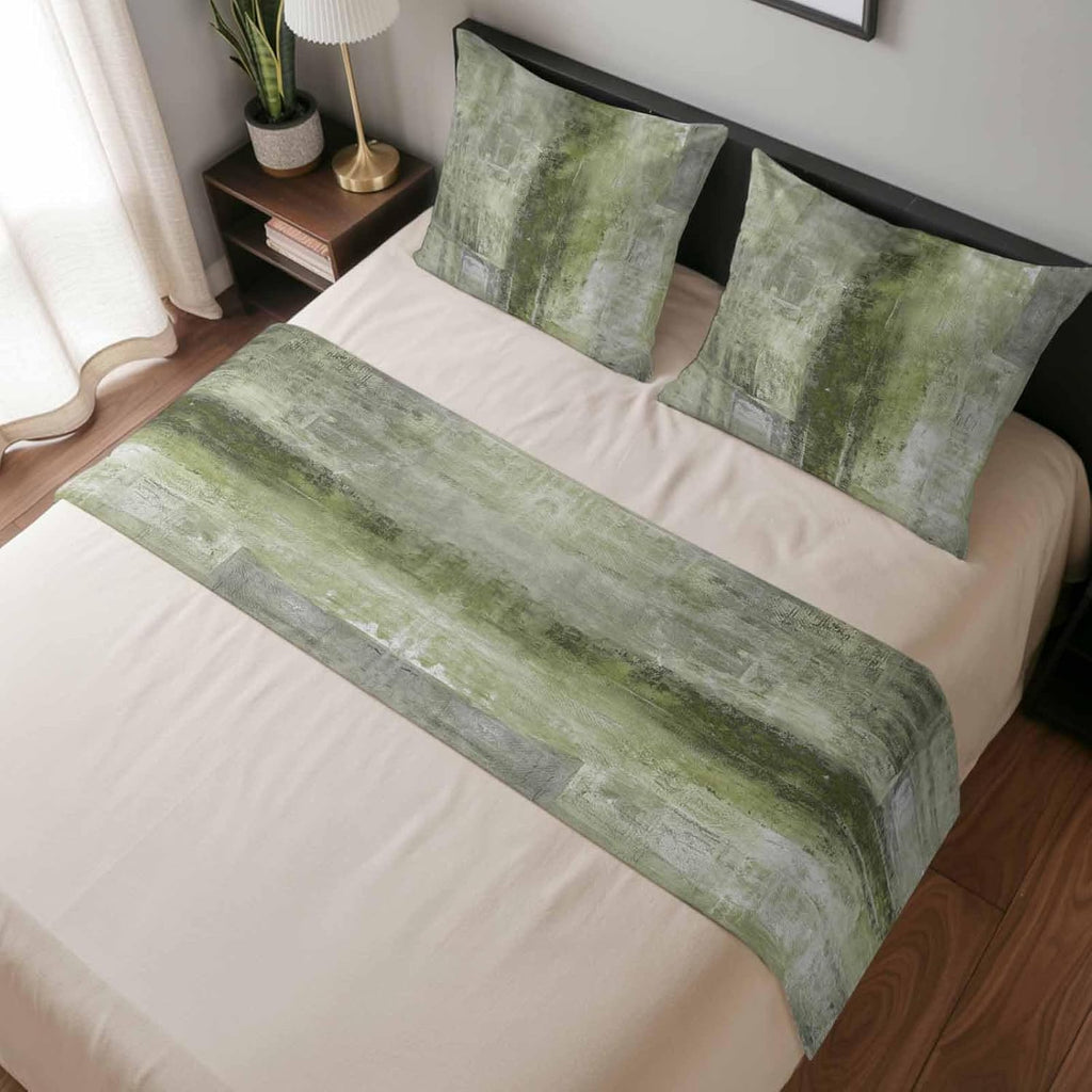 Bed Runner for King Size Bed, Sage Green Decorative Beds Runners and 2 Matching Pillow Covers Set, Retro Oil Painting Modern Abstract Art Aesthetics Beds Scarf Throw for Foot of Bedding Set for Hotel