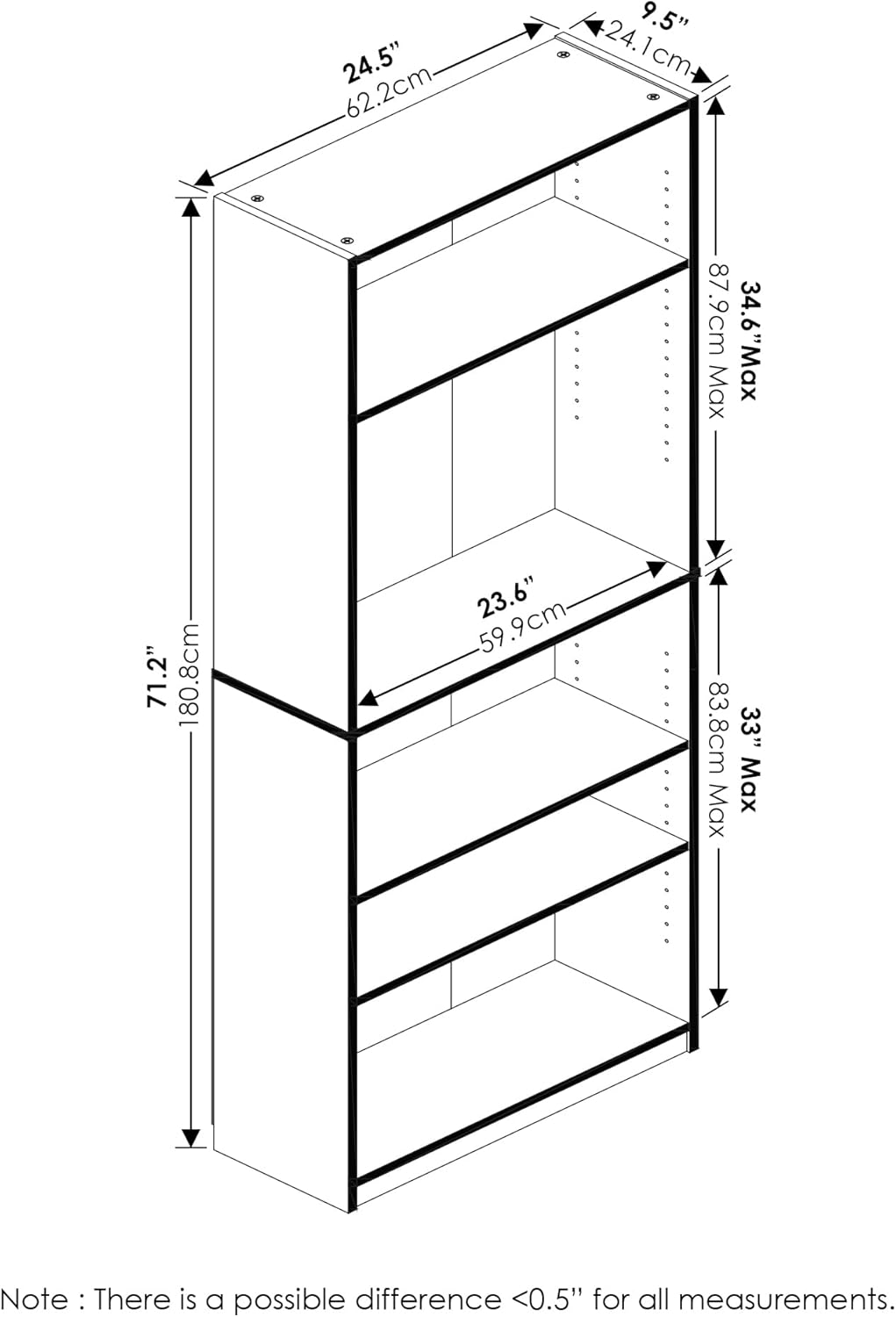 Furinno Jaya Book Shelf, 5-Tier Bookshelf, Tall Standing Bookcase with Adjustable Shelves, 9.5 x 24.5 x 71.2, for Living Room, Bedroom, Home Office, Black Espresso
