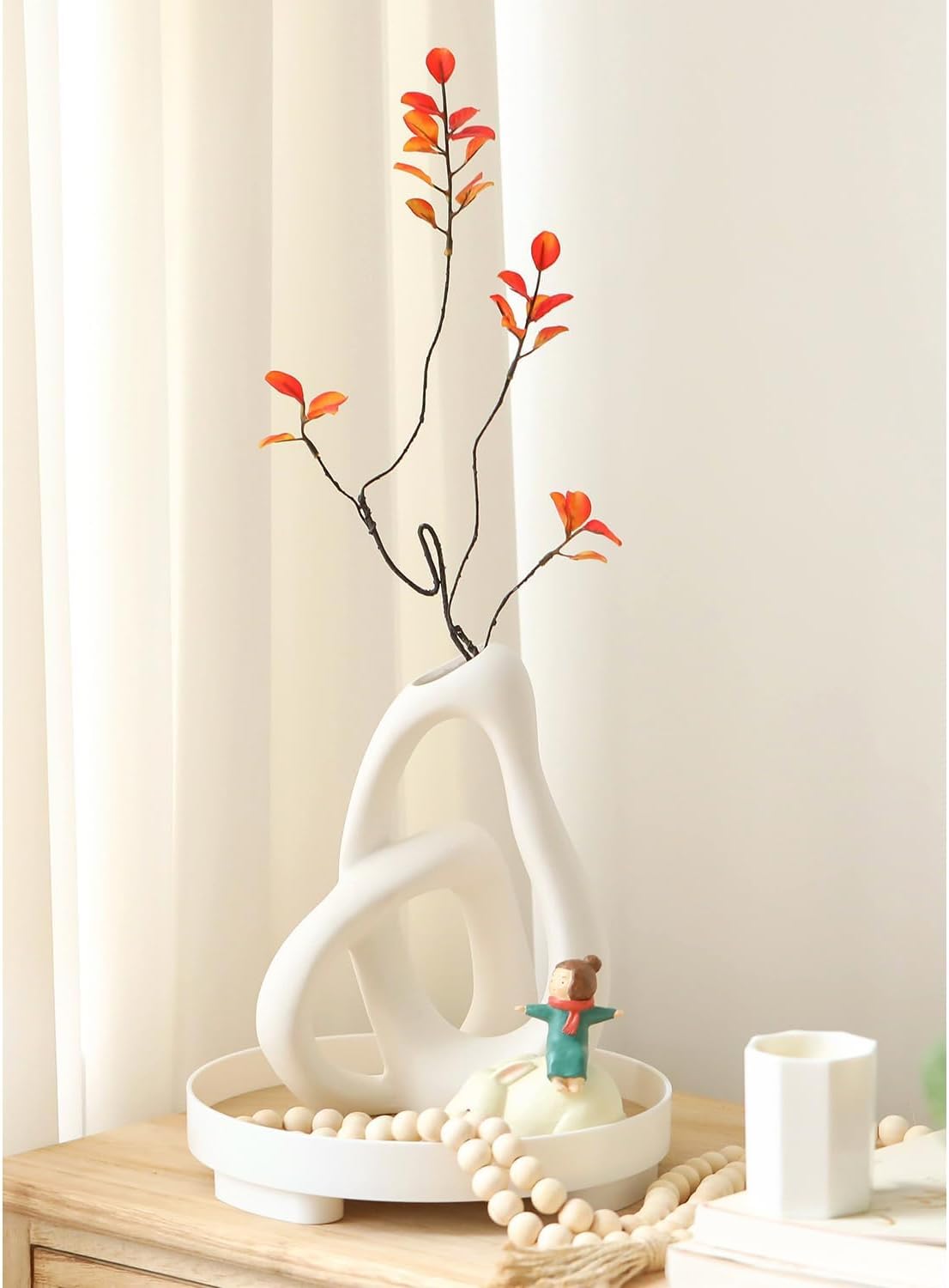 STHIE Modern White Ceramic Flower Vases for Home Decor Aesthetic, Boho Decorative Vase for Bouquet Pampas Grass, Living Room Bedroom Kitchen Maximalist Decor (White)