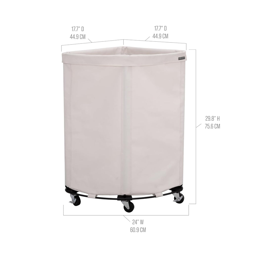 Seville Classics Large Commercial Heavy Duty Rolling Steel Frame Laundry Hamper Canvas Cart Bin, w/Wheels for Hotel, Home, Closet, Bedroom, Natural White, Corner 17.7” D x 24.0” W