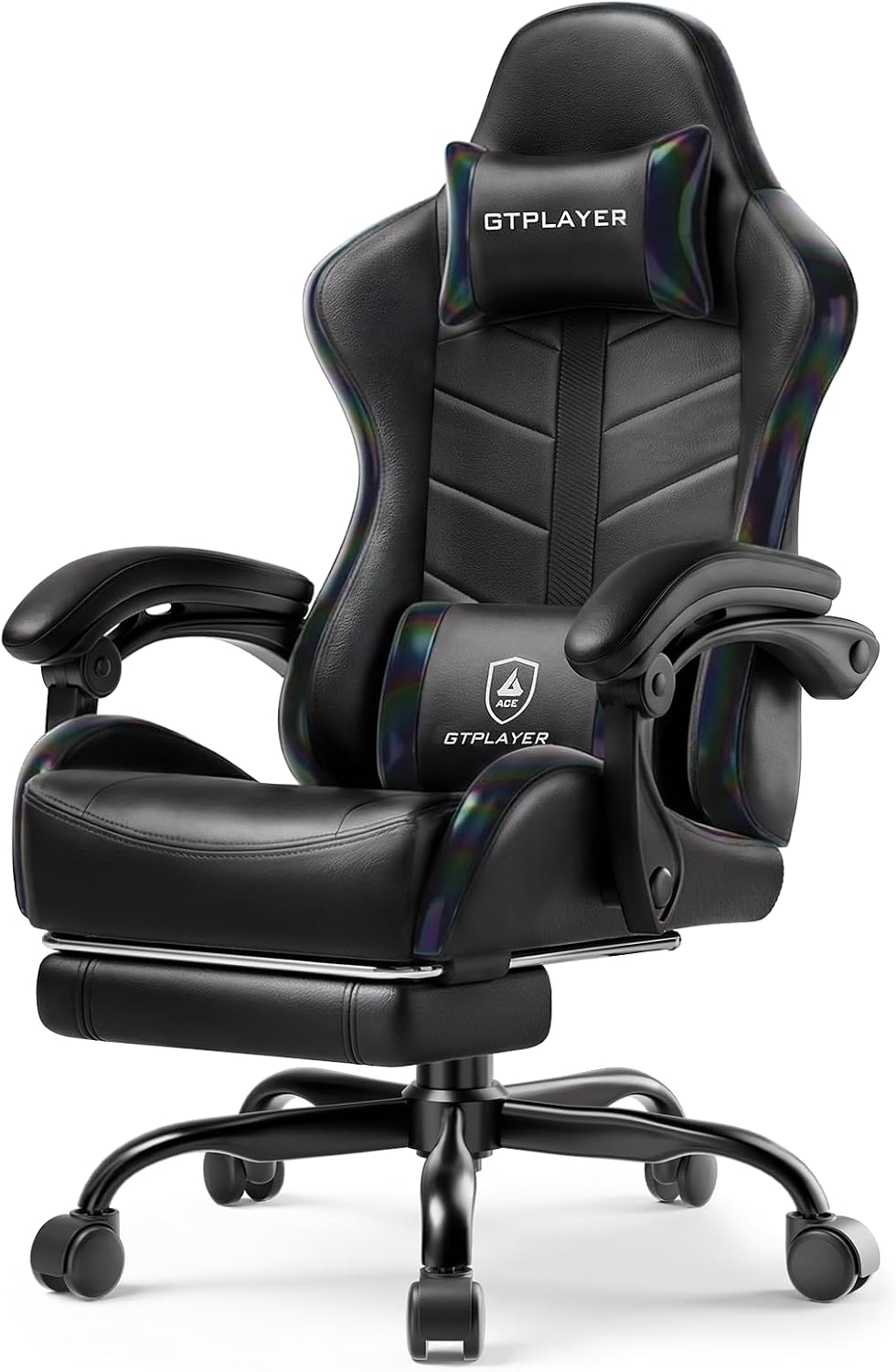 GTPLAYER Gaming Chair, Ergonomic Computer Office Chairs for Adults with Footrest, Height Adjustable, Linkage Armrests, 90-155° Recline & Headrest Lumbar Support, Black