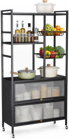 Kitchen Baker's Rack, Microwave Stand with Flip-up PC Doors, Freestanding Open Storage Shelves on Wheels, for Dining Room and Living Room, 31.4"x 12.6"x57.1"
