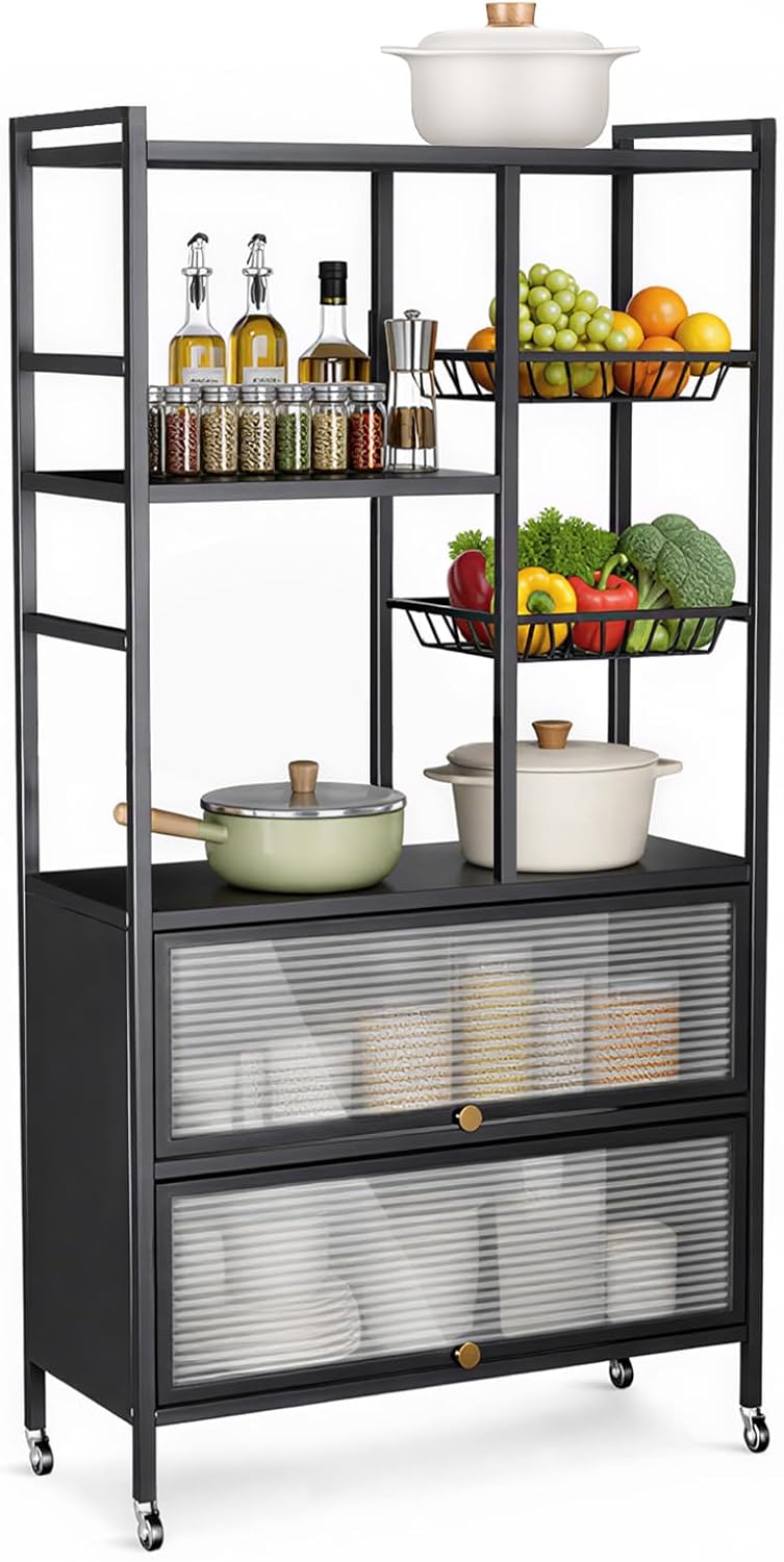 Kitchen Baker's Rack, Microwave Stand with Flip-up PC Doors, Freestanding Open Storage Shelves on Wheels, for Dining Room and Living Room, 31.4"x 12.6"x57.1"