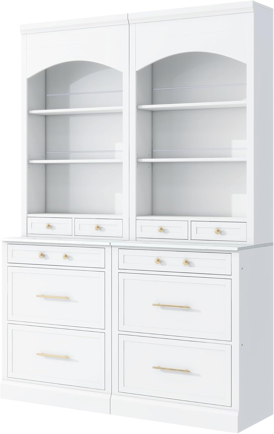 Modern 83.7inch High Kitchen Pantry, Freestanding Tall Kitchen Hutch with Faux Marble Top,Cupboard Cabinet with 5 Storage Drawers and Adjustable Shelf, Set of 2 (White-074)