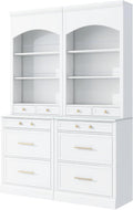 Modern 83.7inch High Kitchen Pantry, Freestanding Tall Kitchen Hutch with Faux Marble Top,Cupboard Cabinet with 5 Storage Drawers and Adjustable Shelf, Set of 2 (White-074)