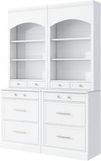 Modern 83.7inch High Kitchen Pantry, Freestanding Tall Kitchen Hutch with Faux Marble Top,Cupboard Cabinet with 5 Storage Drawers and Adjustable Shelf, Set of 2 (White-074)