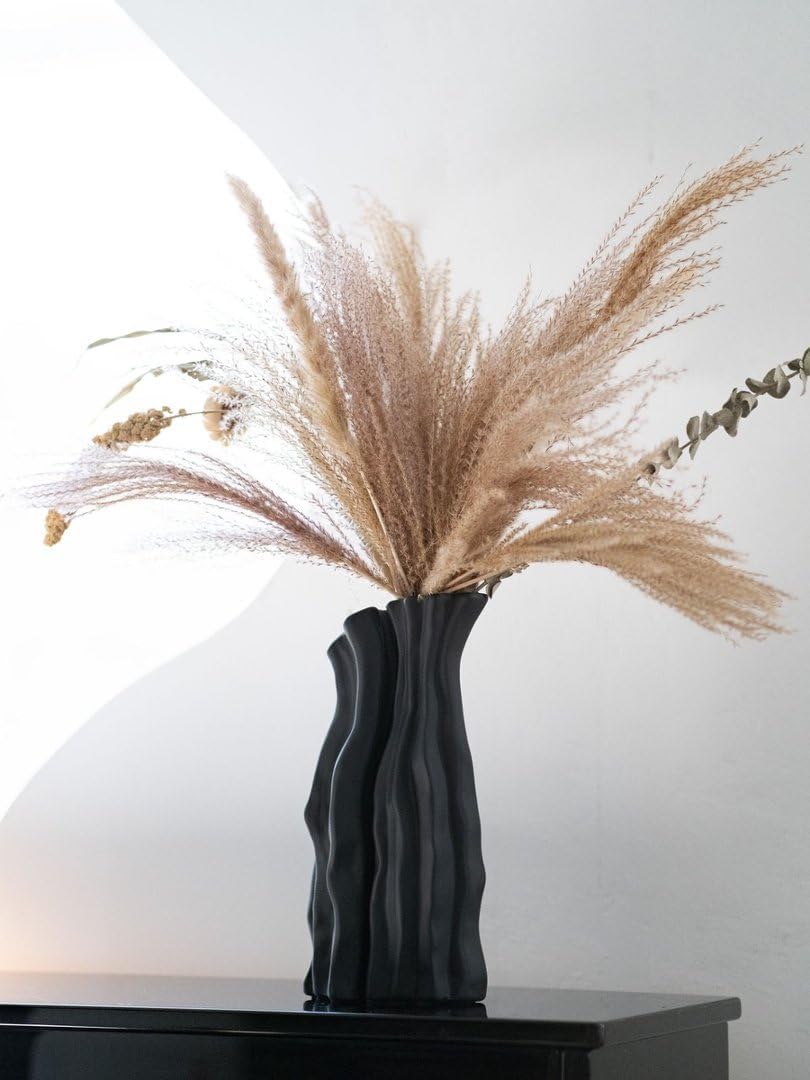 Modular Rockery Art Vase Set of 2, Separatable Centerpiece Table Decorations - 11" Tall Matte Black Ceramic Vases for Flowers, Pampas Grass, Modern Nordic Boho Home Decor (Black)