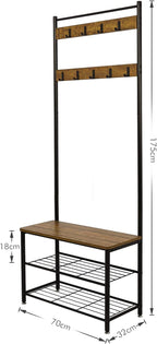 Meerveil Coat Rack Stand, Shoe Rack, Coat Rack Stand, Clothes Rack, Shoe Storage Bench with 9 Hooks, Metal Hall Tree, Metal Frame for Bedroom, Living, Room Hallway (Brown), Retro