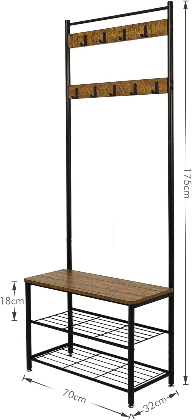 Meerveil Coat Rack Stand, Shoe Rack, Coat Rack Stand, Clothes Rack, Shoe Storage Bench with 9 Hooks, Metal Hall Tree, Metal Frame for Bedroom, Living, Room Hallway (Brown), Retro
