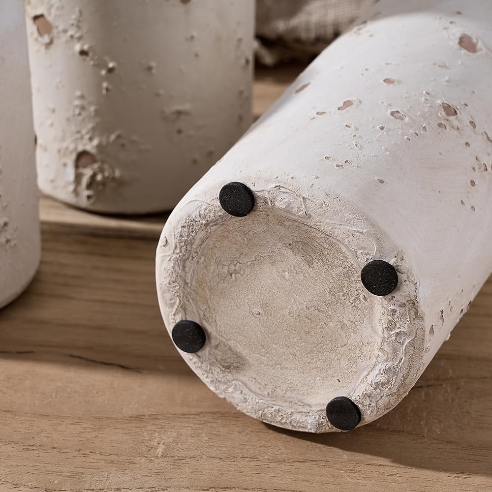 SIDUCAL Ceramic Rustic Farmhouse Vase Set of 3, Whitewashed Terracotta Vase, Clay Decorative Vases for Home Decor, Living Room, Shelf, Mantel Decoration(Rustic White)