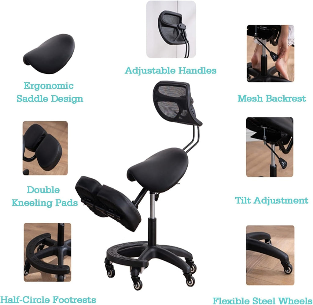 Saddle-Shaped Kneeling Chair,Ergonomic Posture Chair with Backrest and Wheels,45-60cm Adjustable Positions for Home and Office