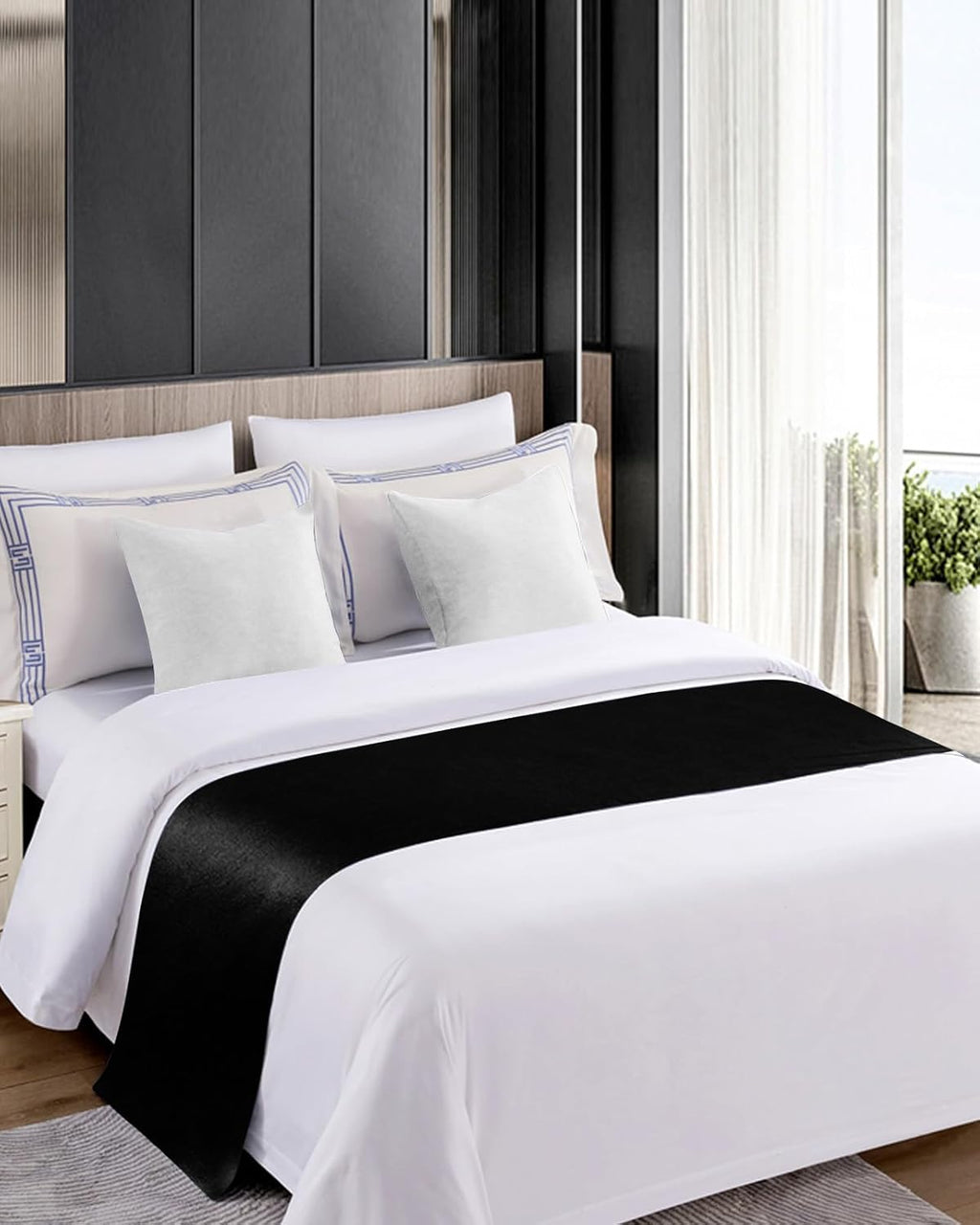 DecorLovee Black Bed Runners for King Size Bed, Modern Decorative Bed Throws for Foot of Bed, Farmhouse Pure Black Bed Runner Sofa Throw Bedding Scarf Protector Slipcover for Bedroom/Hotel