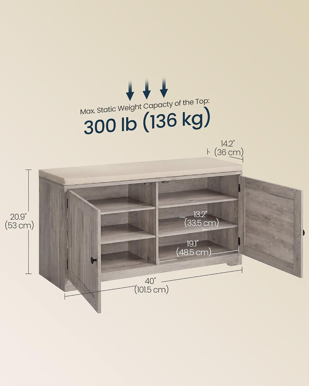 SONGMICS HOME 3-Tier Entryway Bench, Shoe Bench with Padded Seat, for Hallway, Bedroom, 14.2 x 40 x 20.9 Inches, Light Brown and Beige
