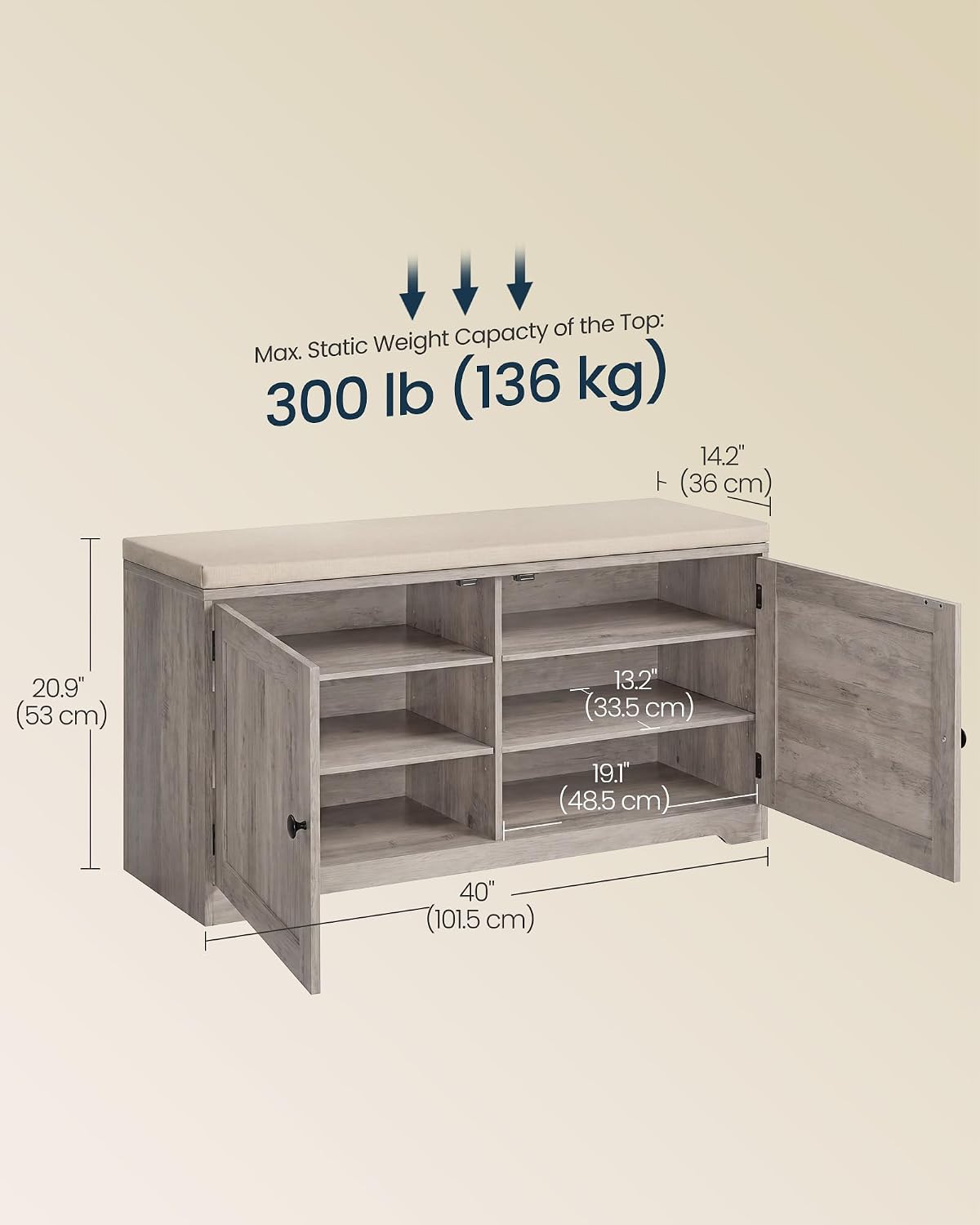 SONGMICS HOME 3-Tier Entryway Bench, Shoe Bench with Padded Seat, for Hallway, Bedroom, 14.2 x 40 x 20.9 Inches, Light Brown and Beige