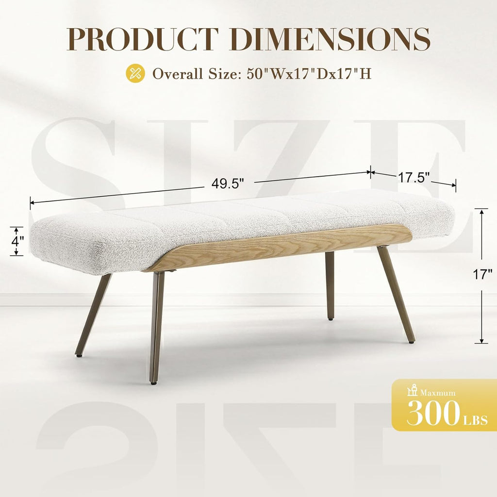 EALSON Modern Ottoman Bench, Upholstered Boucle Fabric Entryway Bench with Metal Legs, 49.5” Cozy Dining Bench for Bedroom Living Room, Beige