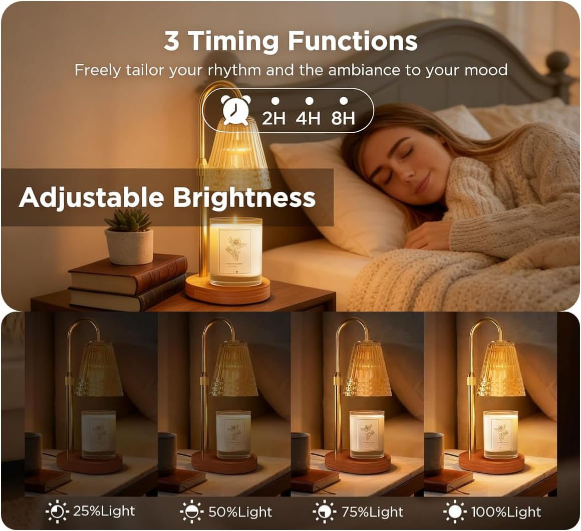 Candle Warmer Lamp with Timer, 4-Levels Dimmable Electric Wax Melter, Adj.Height for Jar Candles, Mother's& Father's&Christmas Day&Birthday Gift Ideas for Women/Friends/Wife (Western Golden)
