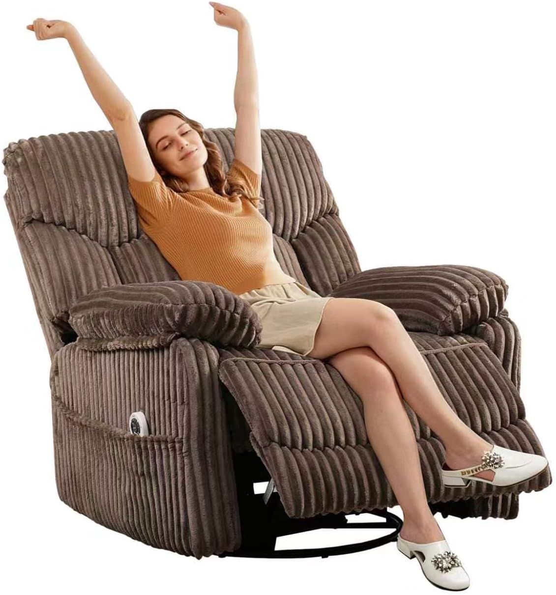 GRAINELL Swivel Rocker Recliner Chair with Massage and Heat, USB Charging Port, Infinite Position Power Recliner, Electric Glider Rocking Chairs for Living Room, Nursery, Brown