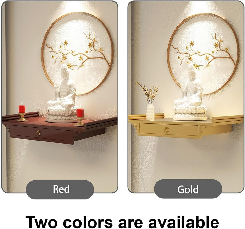 Wall-Mounted Shrine Altar, Prayer Meditation Table with Retractable Pull Plate, Buddha Shelf Statue Stand for Home, Office, Studio, Yoga(Red,15.7 * 9.1in)