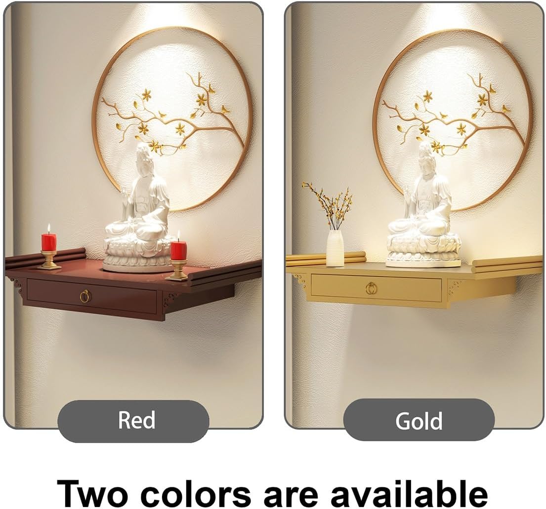Wall-Mounted Shrine Altar, Prayer Meditation Table with Retractable Pull Plate, Buddha Shelf Statue Stand for Home, Office, Studio, Yoga(Red,15.7 * 9.1in)