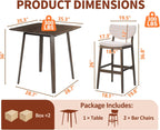 PrimeZone 3 Piece Dining Table Set - Counter Height Bar Table and Chairs Set for 2, Mid-Century Modern Upholstered Bar Stools with Back & Wood Kitchen Table, Dinette Set for Dining Room, Pub