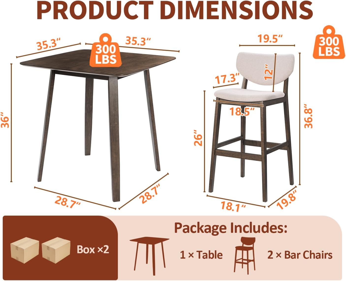 PrimeZone 3 Piece Dining Table Set - Counter Height Bar Table and Chairs Set for 2, Mid-Century Modern Upholstered Bar Stools with Back & Wood Kitchen Table, Dinette Set for Dining Room, Pub