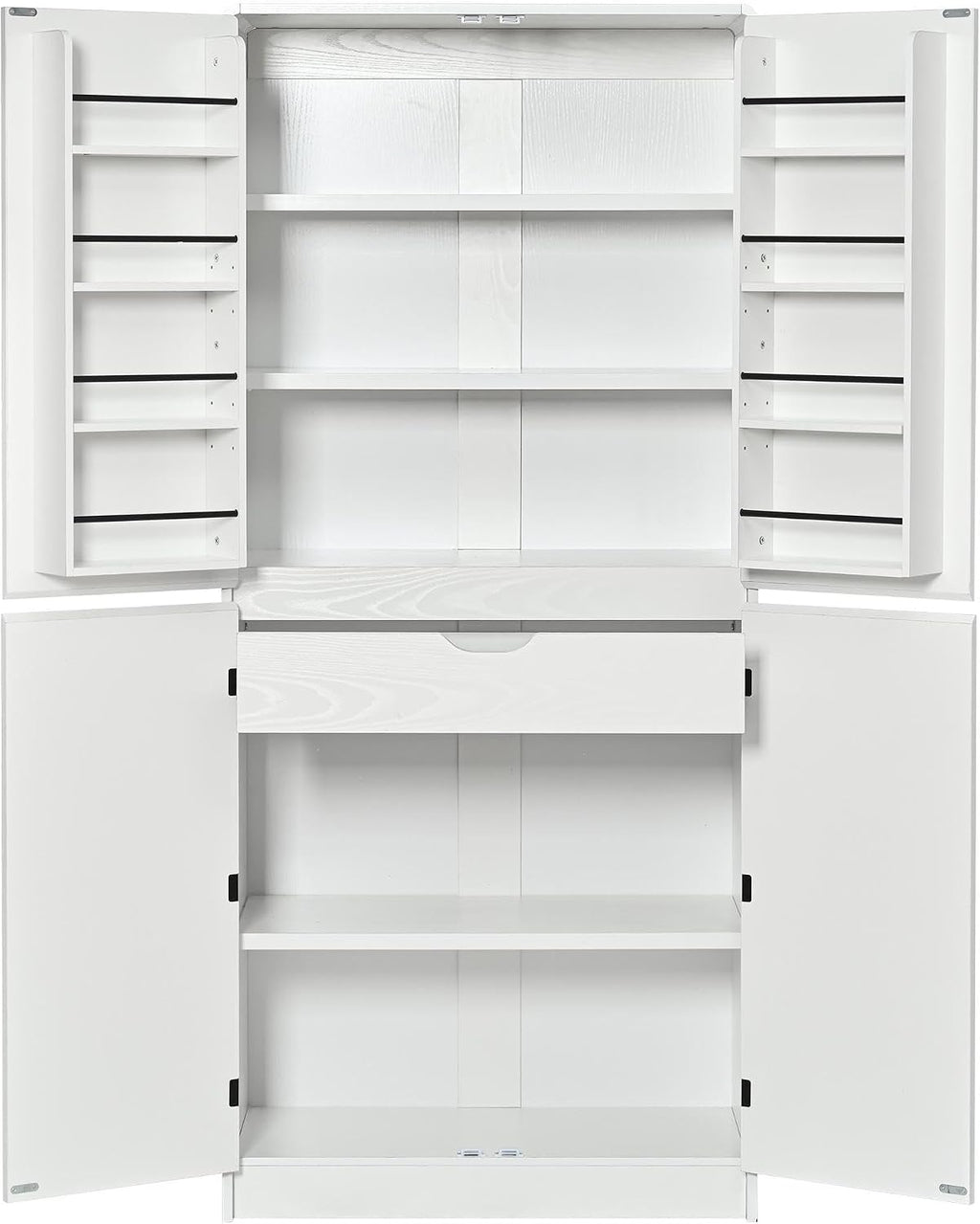 72" Tall Farmhouse Kitchen Pantry Cabinet,Freestanding Food Storage Pantry with 8 Door Shelves & 3 Adjustable Shelves,Hidden Drawer Storage Cupboard for Kitchen Dining Room,White