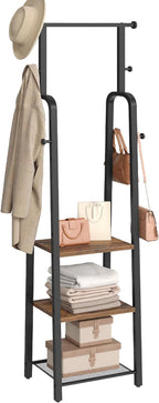 MAHANCRIS Coat Rack Freestanding, Hall Tree with 3-Shelves and 8 Hooks, Industrial Clothes Rack Stand Organizer for Entryway, Bedroom, Bags, Hats, Scarves, Rustic Brown and Black CRHR14901