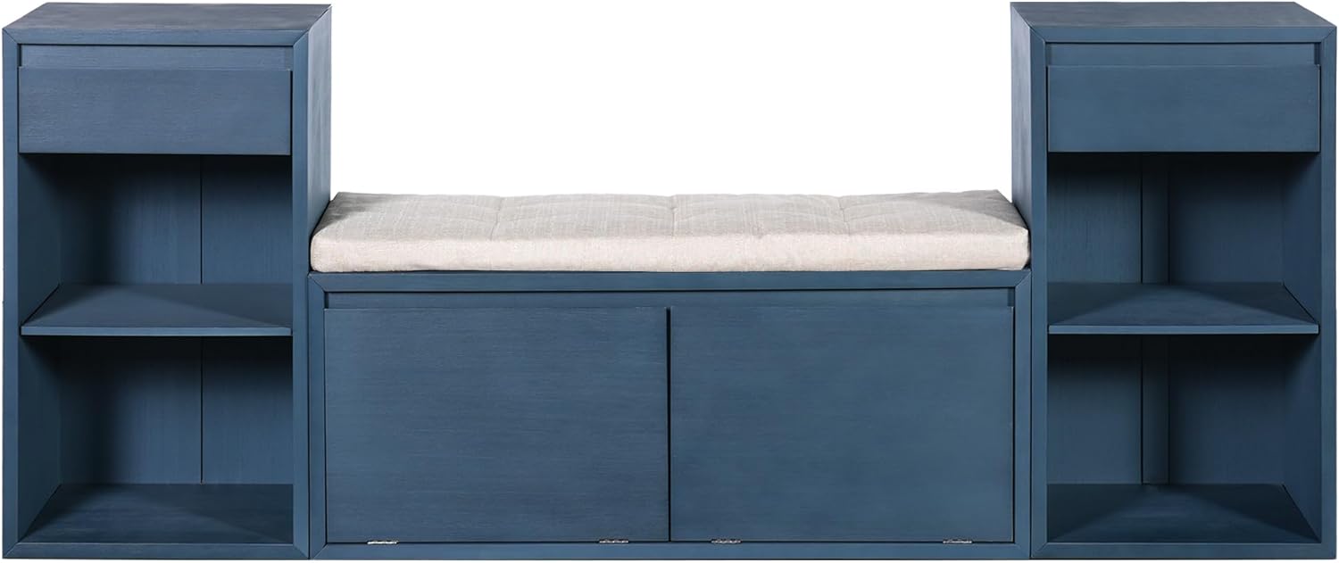 All in One Entryway Shoe Storage Bench with Cushion, Compartments, Drawers, Open Shelves for Hallway, Mudroom, Living Room Antique Navy
