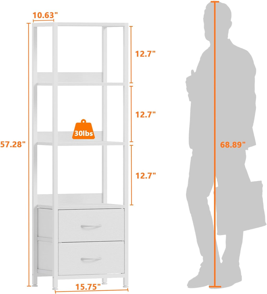 Furnulem 4-Tier Corner Shelf, Bookshelf with 2 Storage Drawers, 57.28”Tall Narrow Bookcase, Standing Shelf Organizer Unit for Living Room, Bedroom, Metal Frame, Wood Display Shelf
