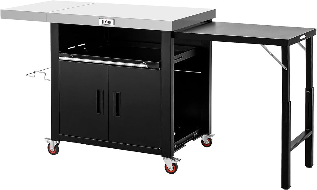 Feasto Outdoor Kitchen Island with Cabinet, 74” x 26” Rolling Grill Table | Grill Table with Stainless Steel Top for Pizza Oven& Griddles, Movable Bar Cart with Pull-Out Plate for Parties & Gathering