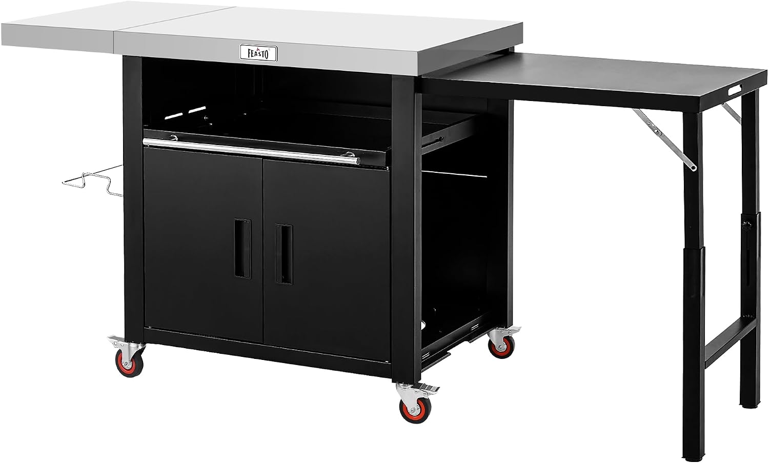 Feasto Outdoor Kitchen Island with Cabinet, 74” x 26” Rolling Grill Table | Grill Table with Stainless Steel Top for Pizza Oven& Griddles, Movable Bar Cart with Pull-Out Plate for Parties & Gathering