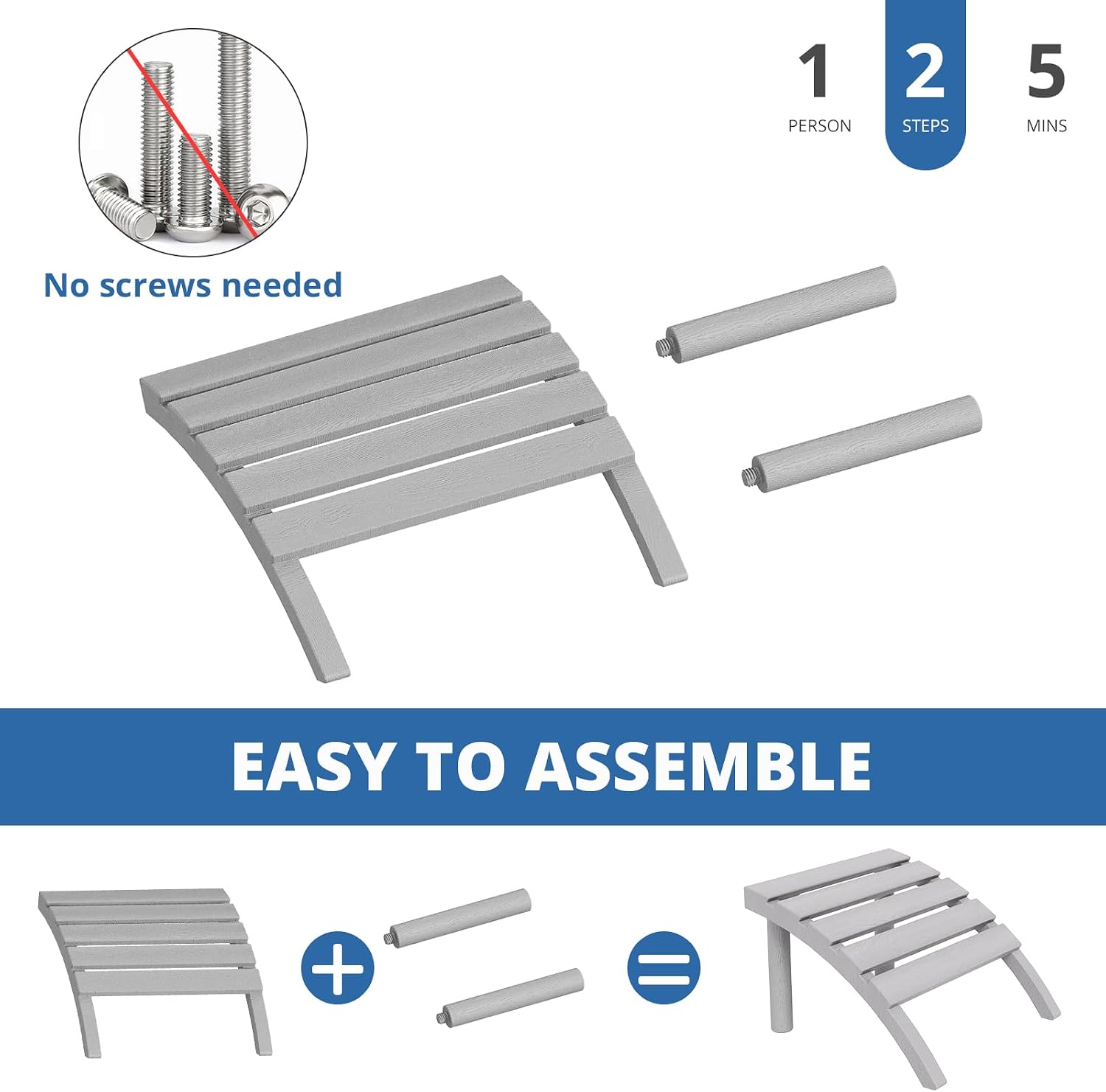 Adirondack Ottoman Tool-Free Assembly, HDPE All Weather Outdoor Foot Rest, Plastic Adirondack Chair Footstool for Patio Deck Backyard Outside(Grey)