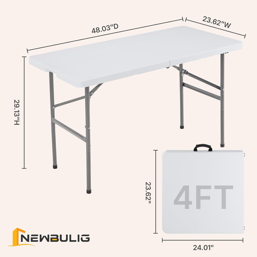 NEWBULIG 4 FT Foldable Table Easy to Fold and Store, Folding Picnic Table for Picnic Camping Kitchen Dining Party Outdoor Indoor with Carrying Handle, White