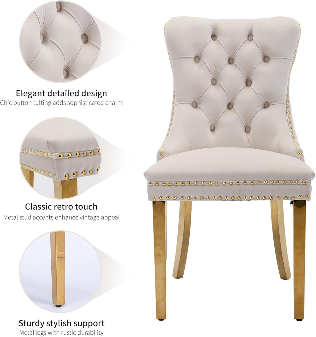 Velvet Dining Chairs Set of 6, Mid Century Tufted Dining Room Chairs with Nailhead Back Ring, Metal Legs, Modern Style for Kitchen, sillas de comedor (Beige, Golden Legs, 6 Pcs)