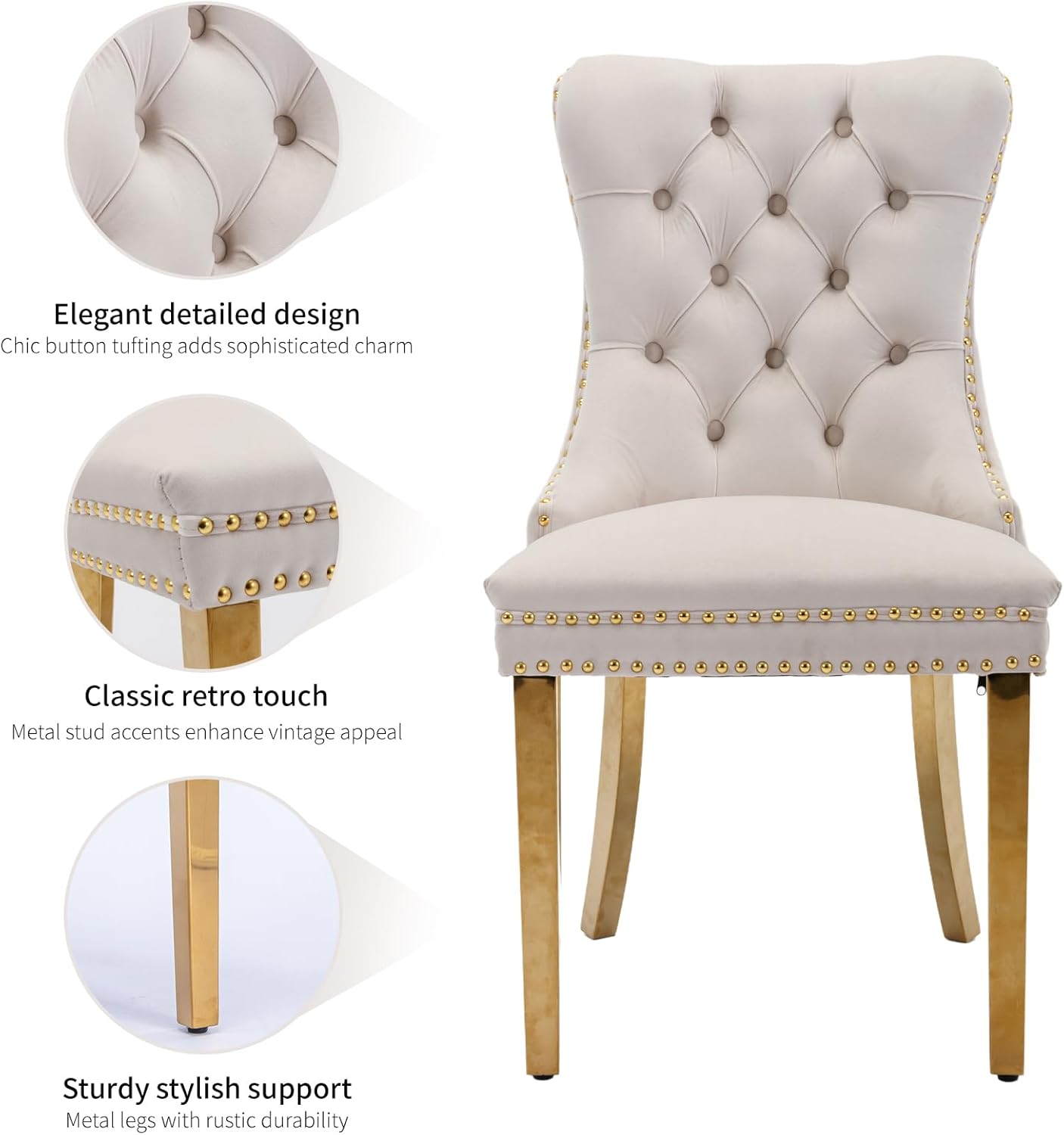 Velvet Dining Chairs Set of 6, Mid Century Tufted Dining Room Chairs with Nailhead Back Ring, Metal Legs, Modern Style for Kitchen, sillas de comedor (Beige, Golden Legs, 6 Pcs)