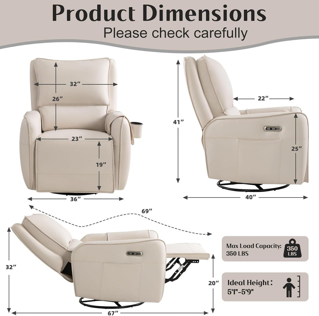 Power Recliner Gliders for Nursery, Electric Swivel Rocker Recliner Chair, Comfy Upholstered Living Room Reclining Rocking Chairs with Lumbar Support (Cream, 41" X 40" X 36")