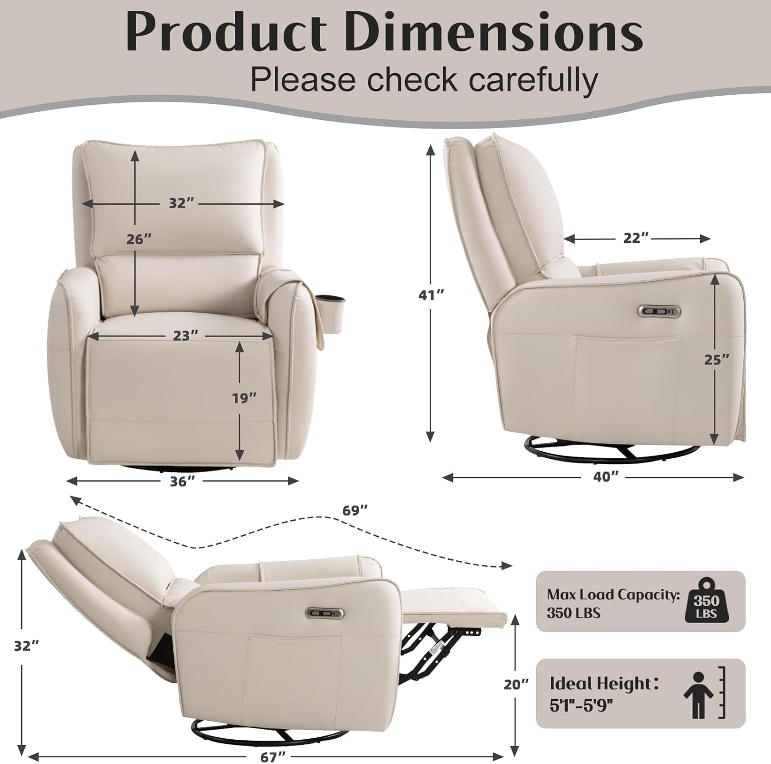 Power Recliner Gliders for Nursery, Electric Swivel Rocker Recliner Chair, Comfy Upholstered Living Room Reclining Rocking Chairs with Lumbar Support (Cream, 41" X 40" X 36")