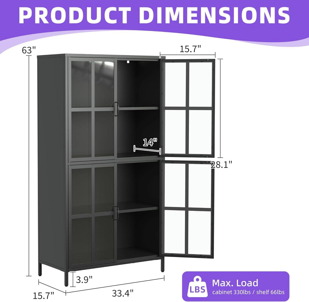 Metal Sideboard Buffet Cabinet with Storage, H63 Tall Kitchen Cabinet with 4 Tempered Doors and Shelf, Steel Coffee Bar Storage Cabinet for Kitchen Dining Living Room